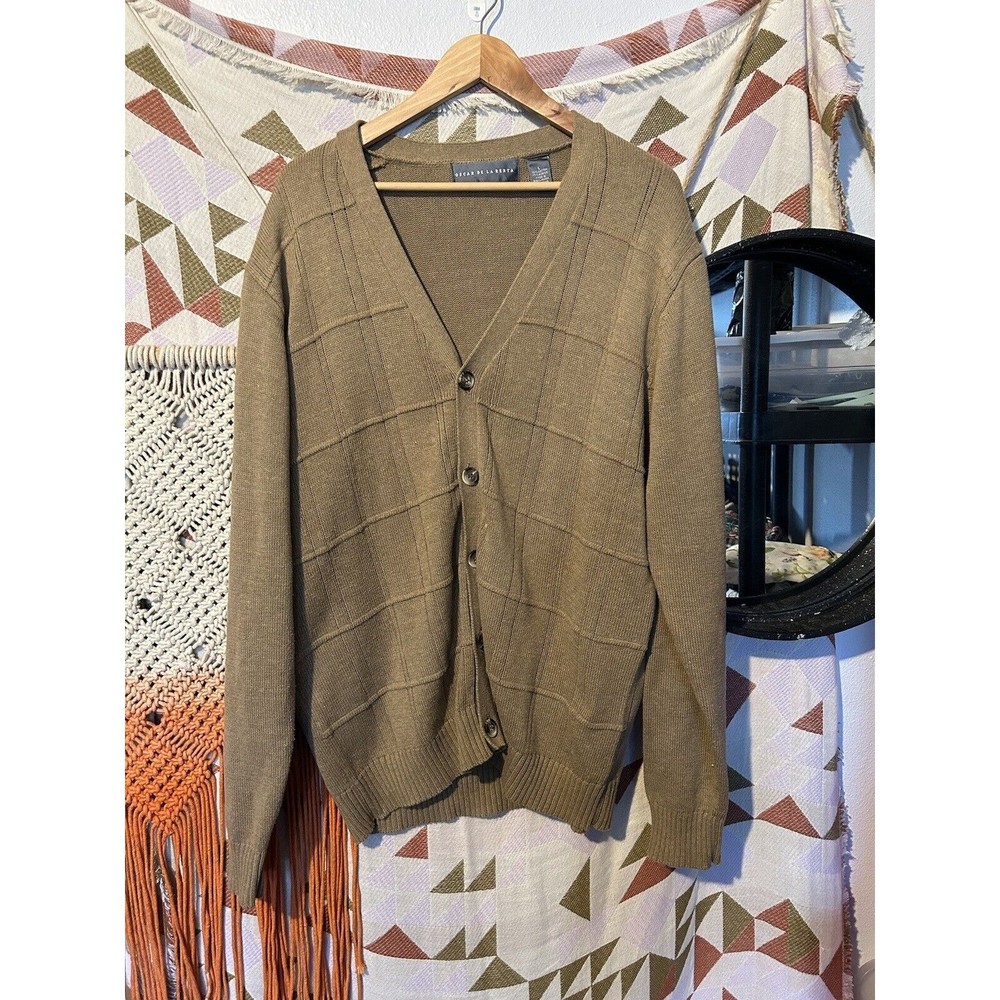 Oscar de la Renta Sweater Size Large Cardigan Brown Grandpa Button Up